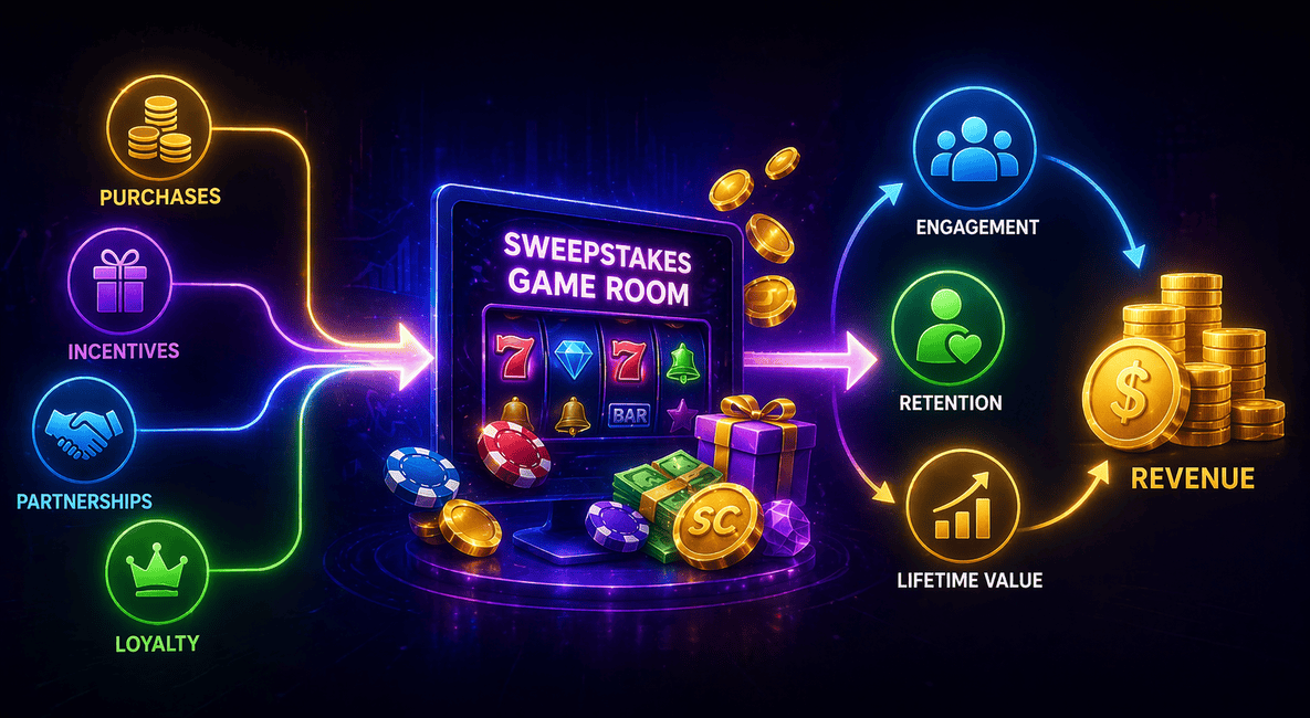 Understanding how sweepstakes game rooms actually make money — layered revenue streams and monetization channels