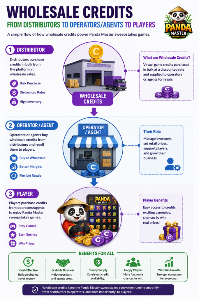 Diagram showing Panda Master wholesale credit flow from distributor to operator to player