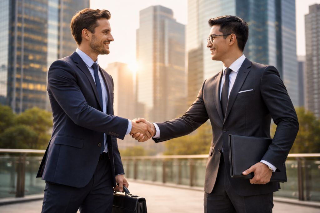 Two businessmen shaking hands after a business agreement in a city office setting