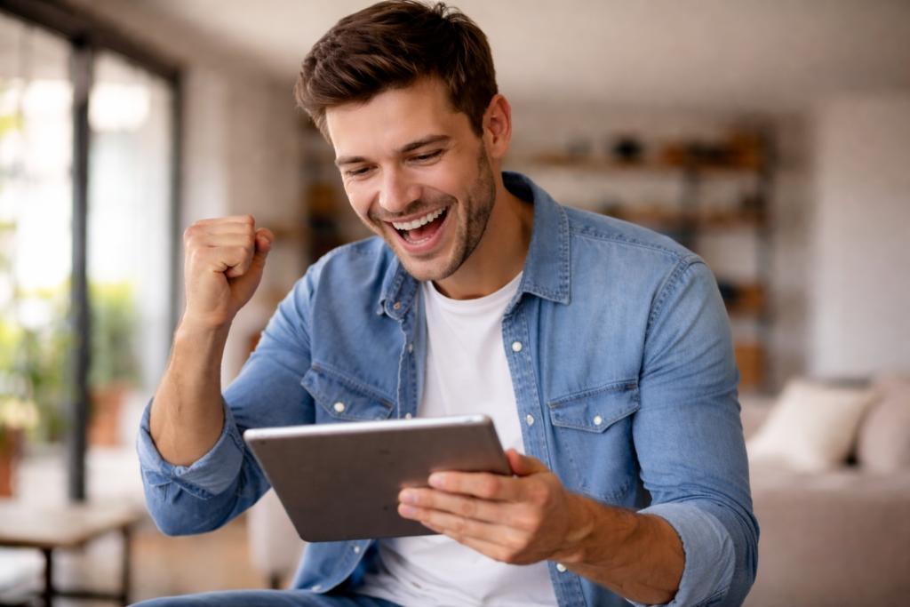 Man using tablet while participating in online sweepstakes gameplay
