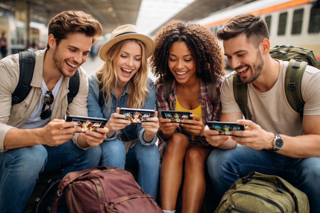 Travelers enjoy the experience of online sweepstakes games while waiting for the train to arrive